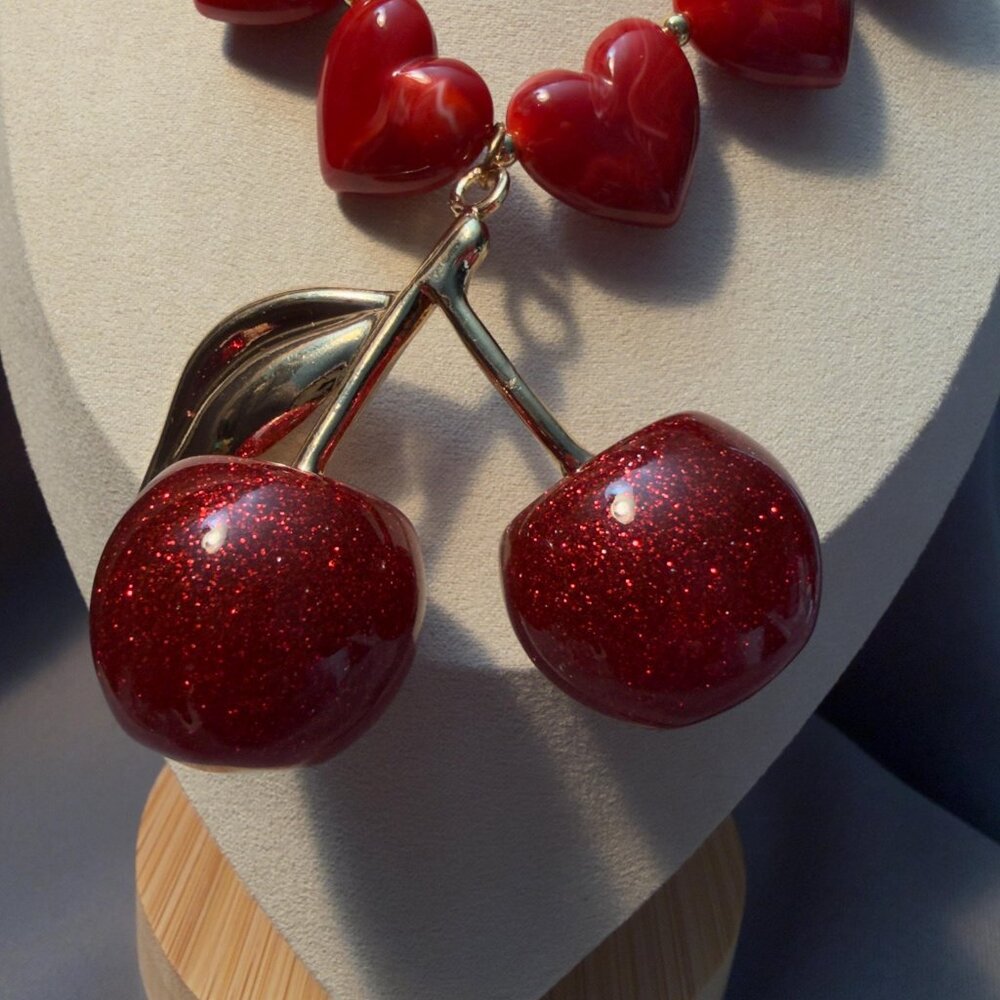 Cherry Necklace Red Heart Bead Statement Necklace Gold Tone Drop - Picture 9 of 11